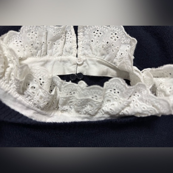 Sandro Stevy Sweater Contrast Ruffle Collar Eyelet Wool Blend Blue Womens Medium - Picture 11 of 13